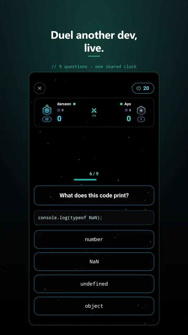 A live 1v1 duel on a shared countdown